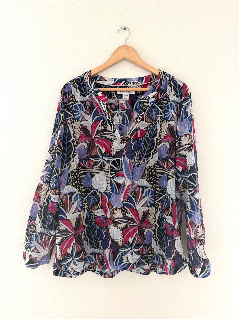 Tommy Bahama XL Tropical Floral Cotton Gauze Roll Tab Sleeve Tunic Blouse Top